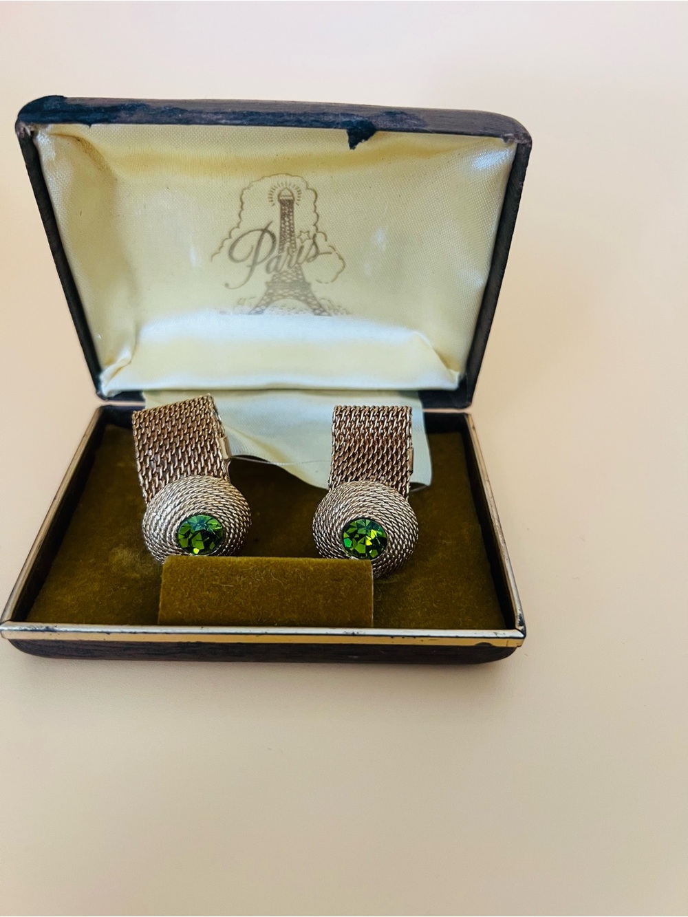 Vintage Gold-Tone Mesh Cufflinks with Green Stone